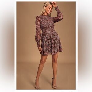 Lulus Elegant Floral Forever Print Green & Pink Smocked Skater Dress,Size Medium